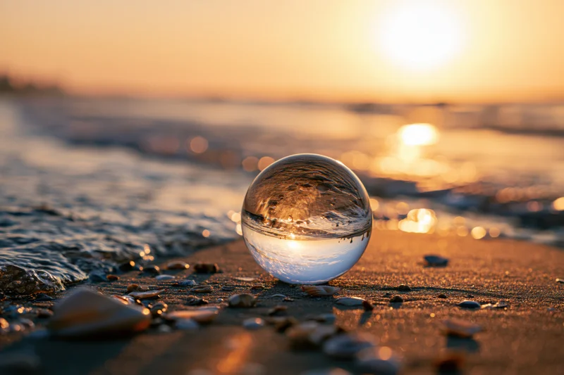 Glass lensball resting on wet sand at beach during sunset with ocean waves in background