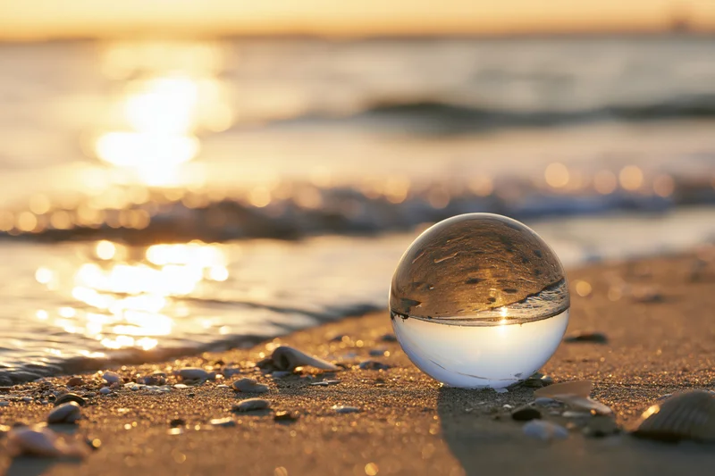 Clear glass lensball resting on wet sandy beach at sunset with ocean waves and seashells in background