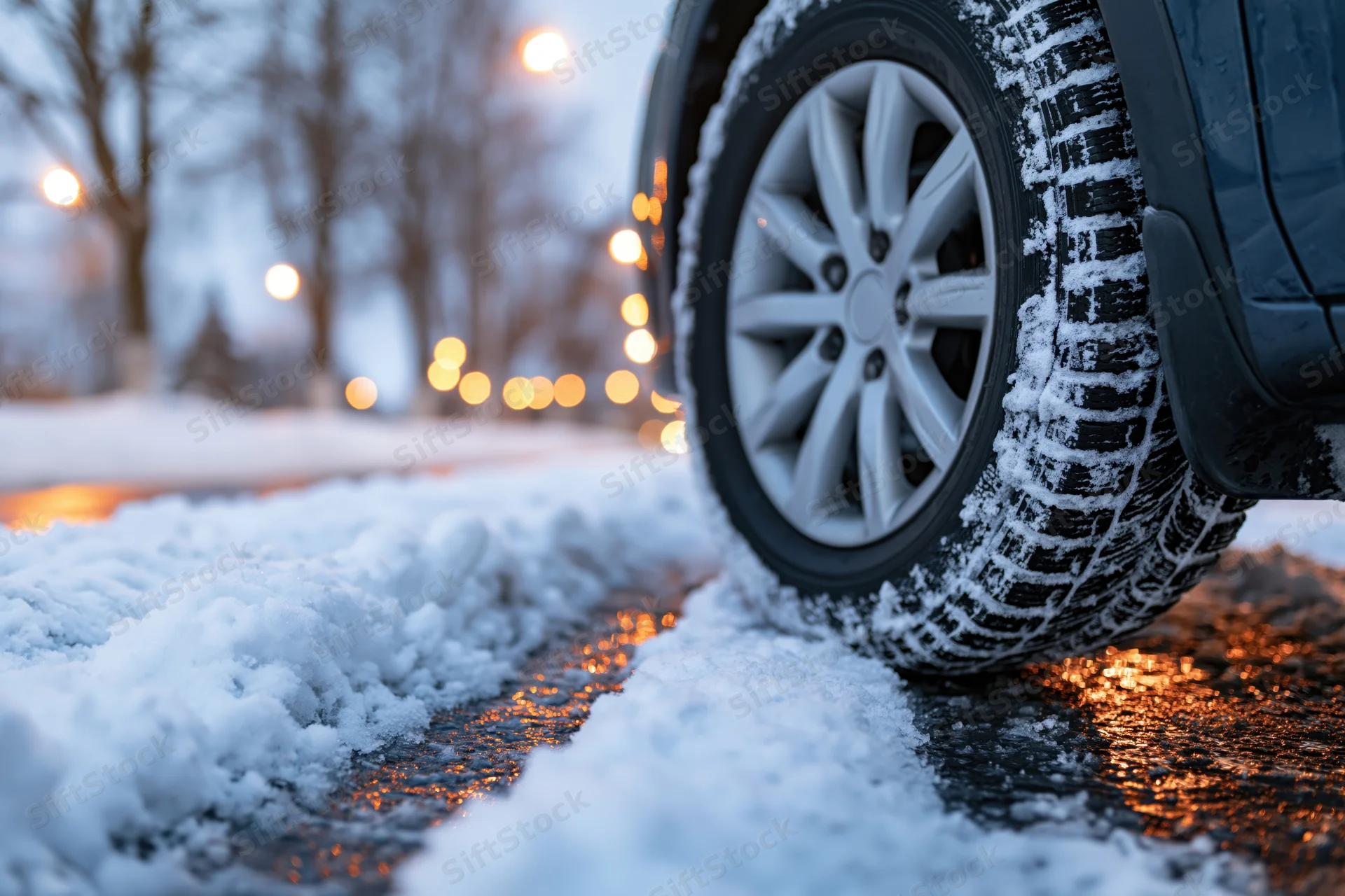 Close-up of a car's winter tire on a snow-covered road at night with streetlights reflecting on wet pavement
