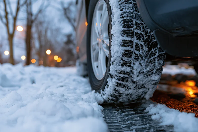 Close-up of a car's winter tire on snowy pavement at night