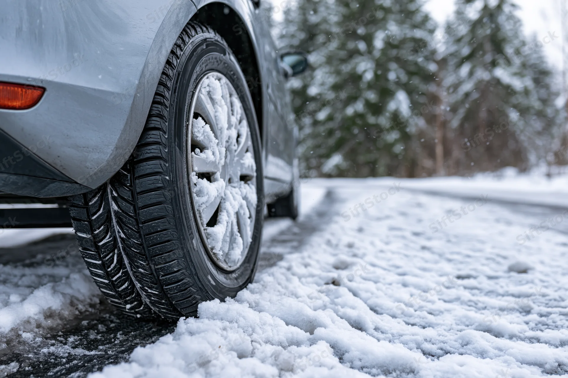 Close-up of a car's rear winter tire on a snow-covered road with trees in the background