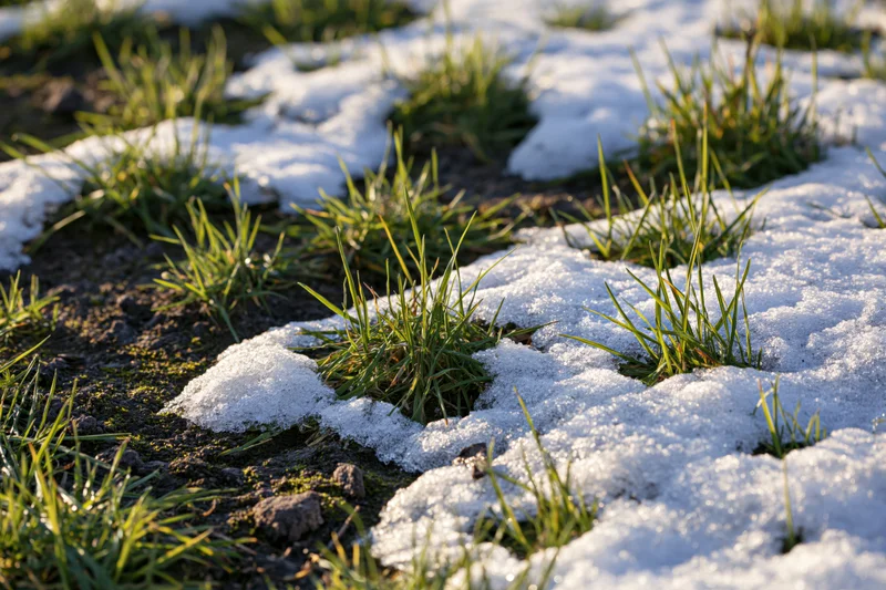 Melting snow revealing green grass on the ground in winter