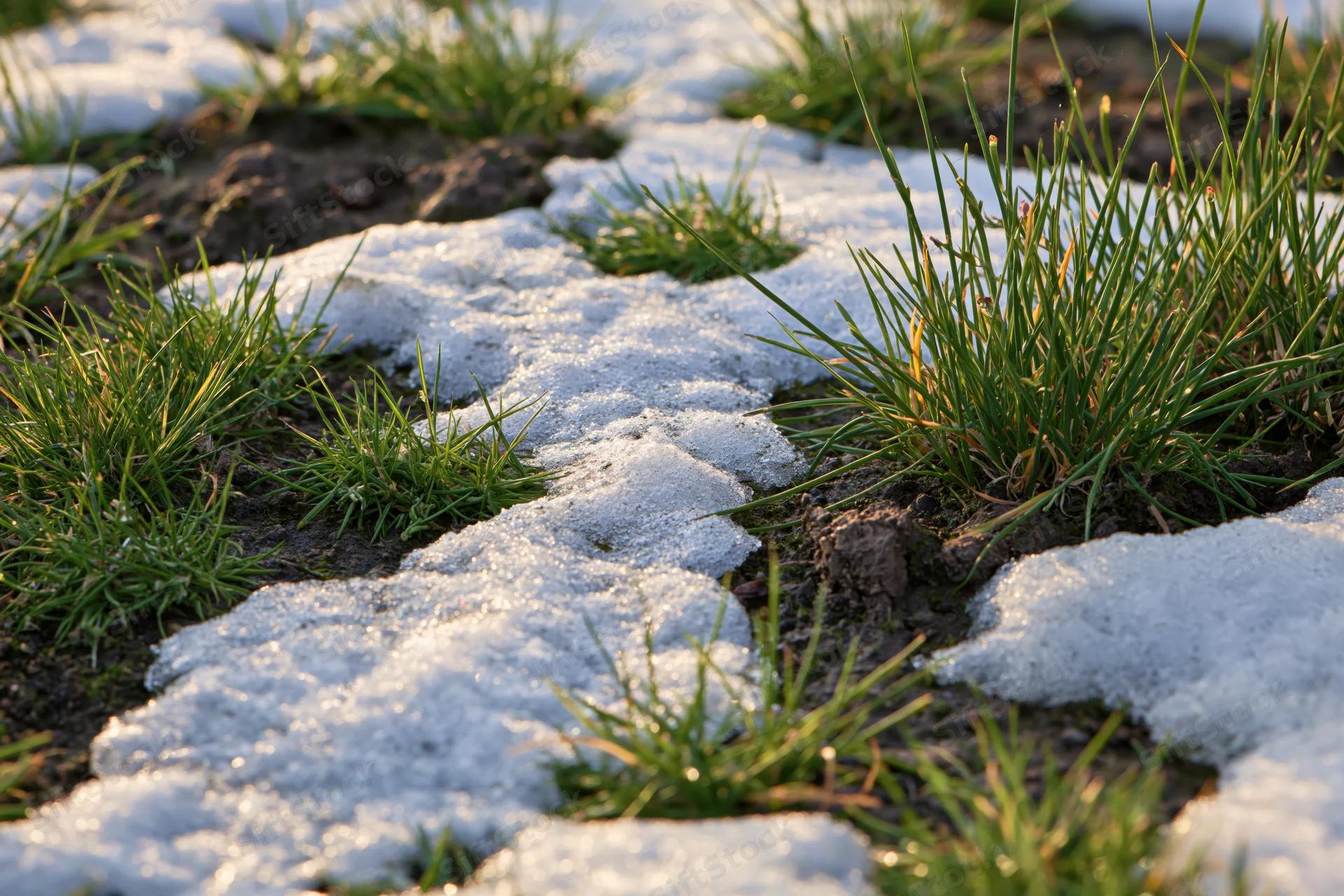 Melting snow patches revealing green grass on the ground in winter