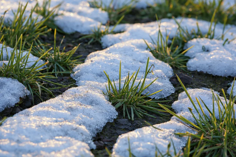 Close-up of patchy melting snow revealing green grass on the ground