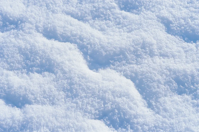 Close-up of fresh snow surface with textured crystalline patterns and blue shadows