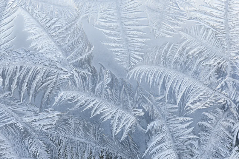 Frost crystal patterns forming on a glass surface in close-up macro view