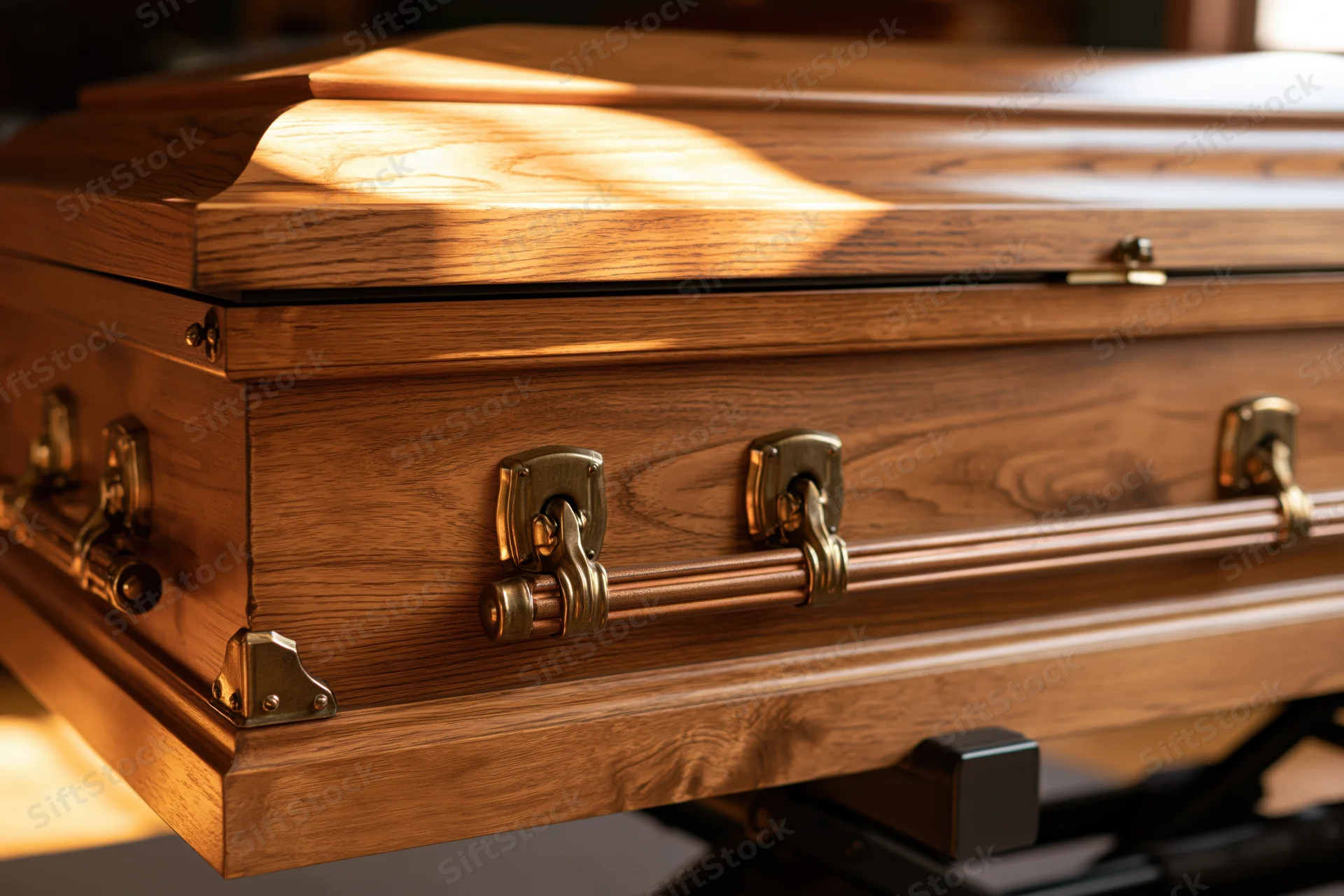 Polished wooden casket with brass handles and hinges in a funeral chapel setting