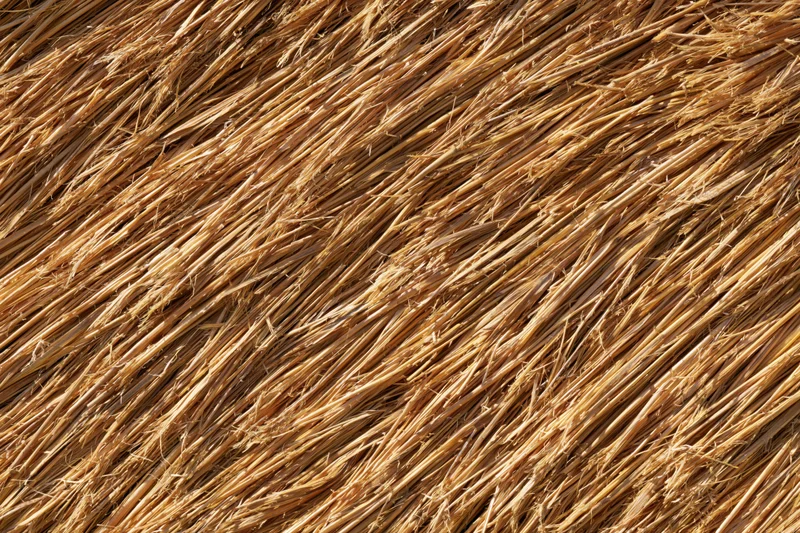 Close-up of tightly packed dry straw forming a textured thatched surface