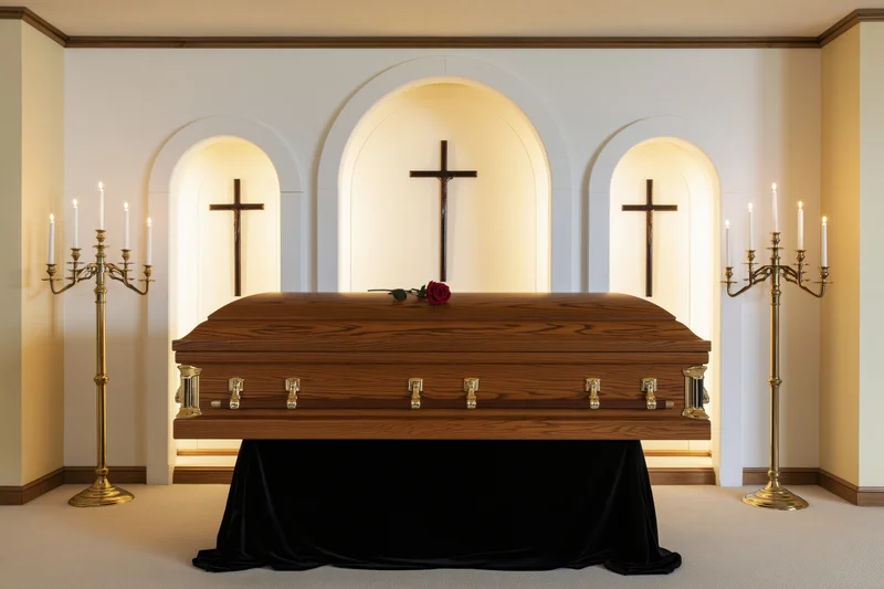 Closed wooden coffin with gold hardware on black drapery in a chapel with lit candles and crosses in arched niches