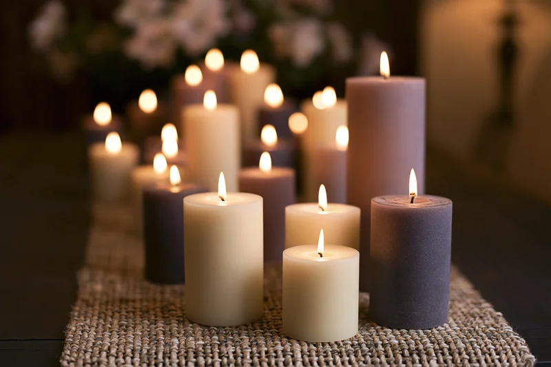 Lit pillar candles arranged on a woven table runner for a centerpiece display