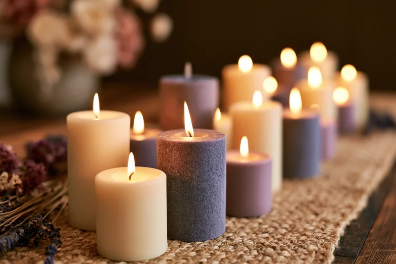 Lit pillar candles arranged on a woven table runner with dried flowers and a vase in the background