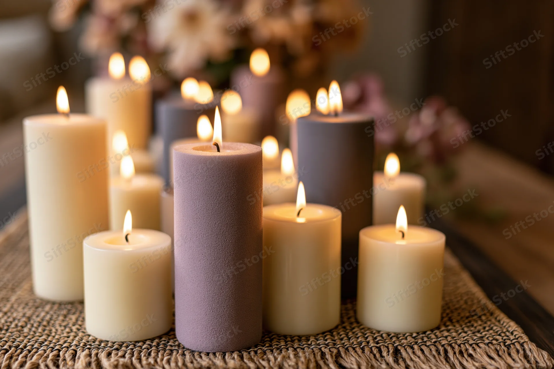 Lit pillar candles arranged on a woven table runner