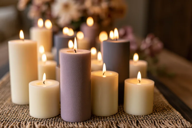 Lit pillar candles arranged on a woven table runner