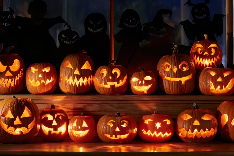 Carved jack-o-lanterns glowing on wooden porch steps at night with spooky silhouettes in window