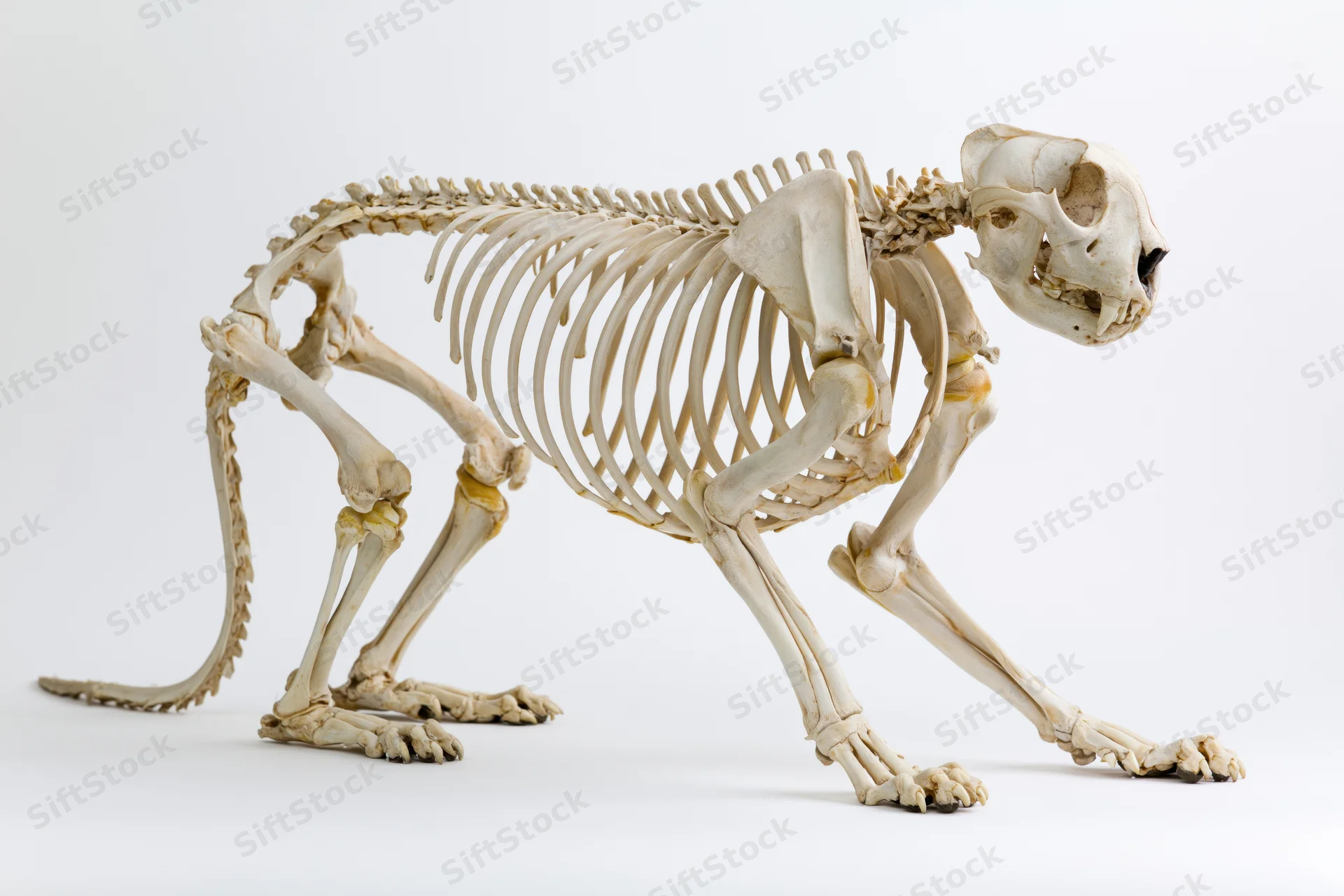 Complete articulated feline skeleton in standing pose on white background