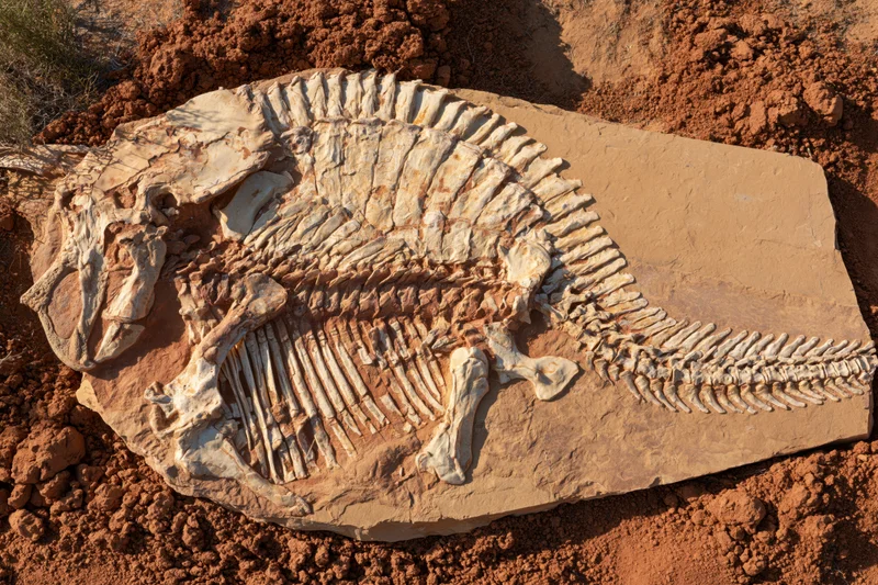 Fossilized dinosaur skeleton embedded in sedimentary rock at excavation site