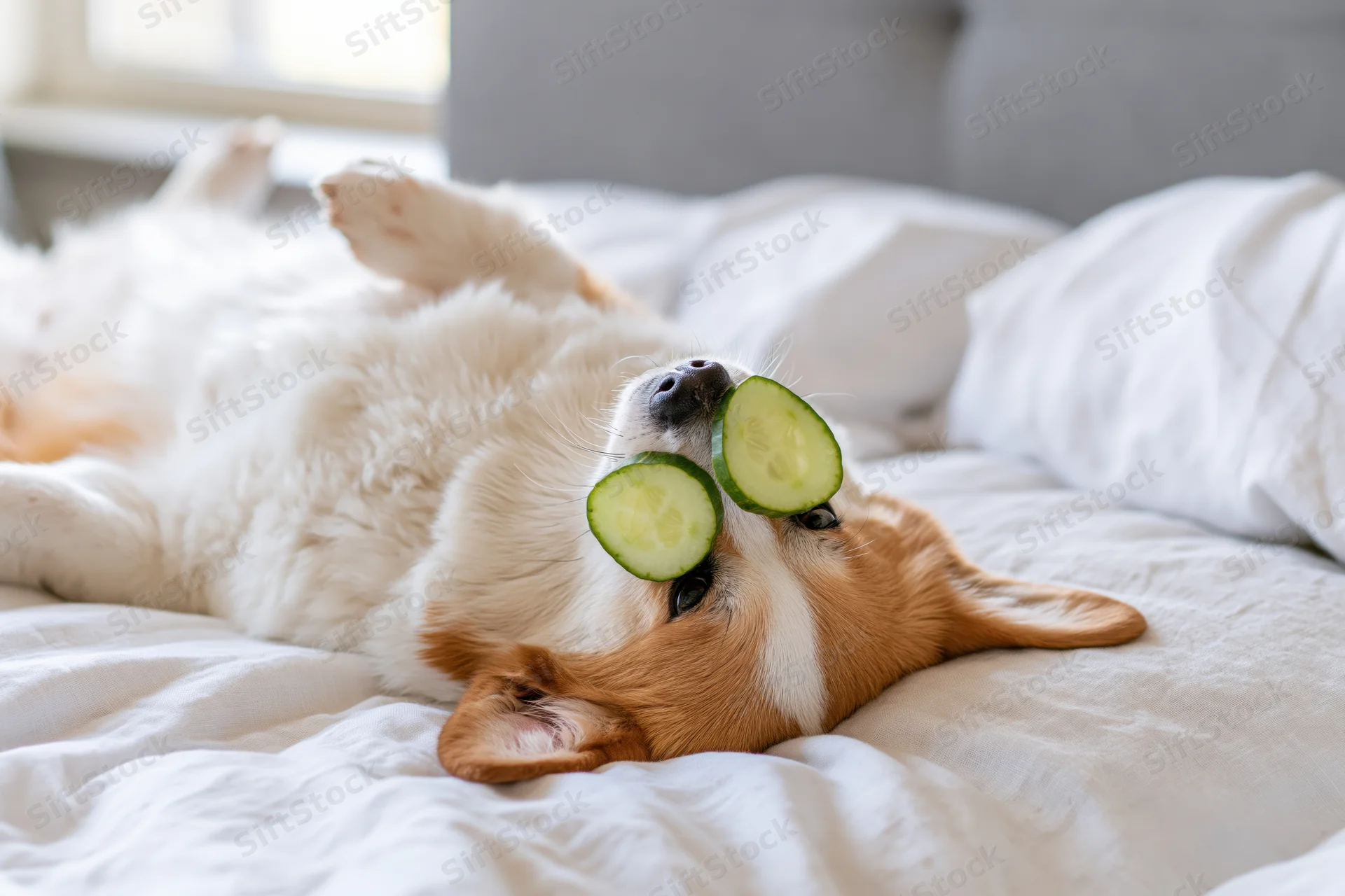 Corgi lying on its back on a white bed with cucumber slices over its eyes