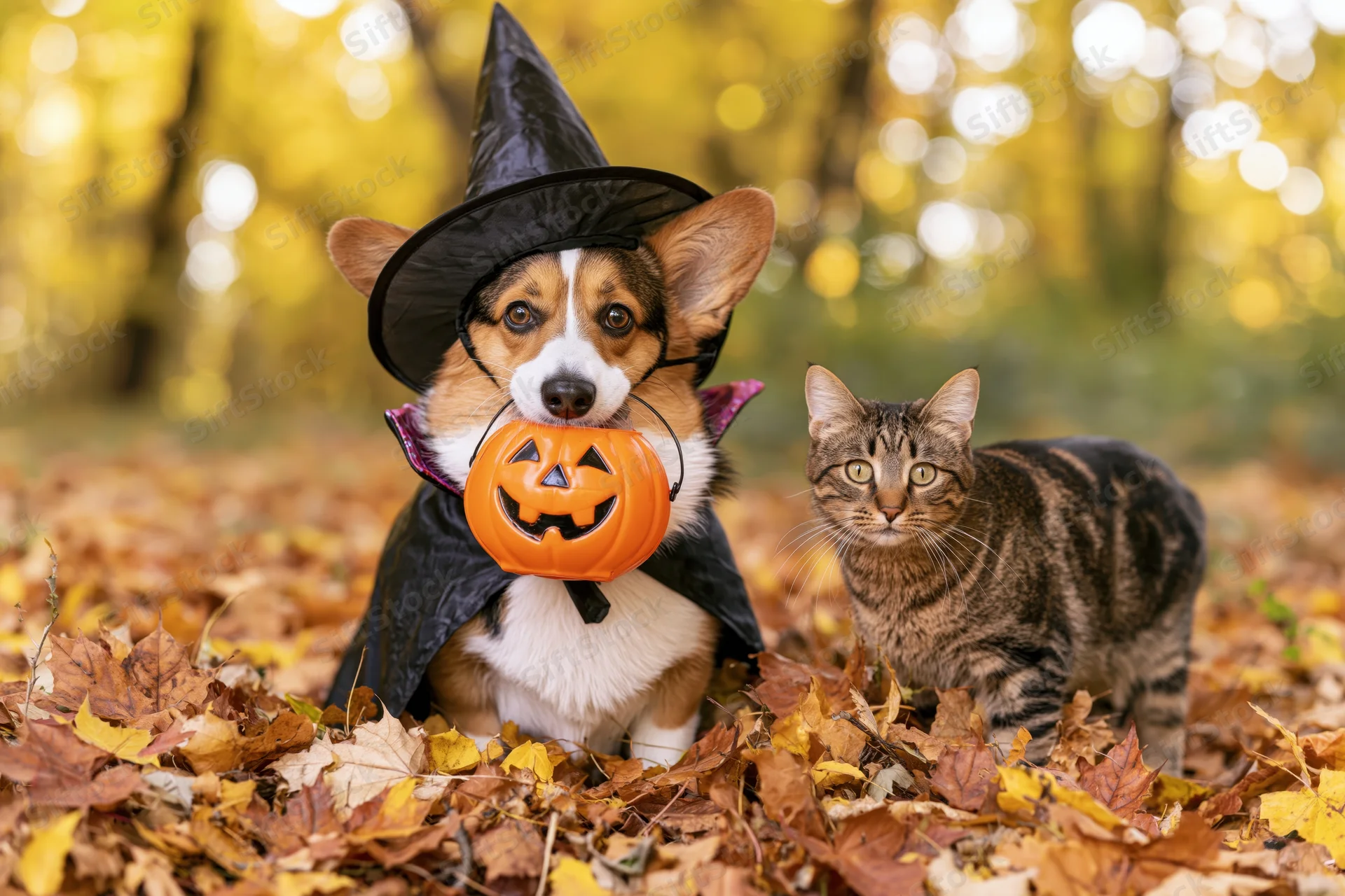 Corgi dog in witch costume holding pumpkin with tabby cat in autumn leaves