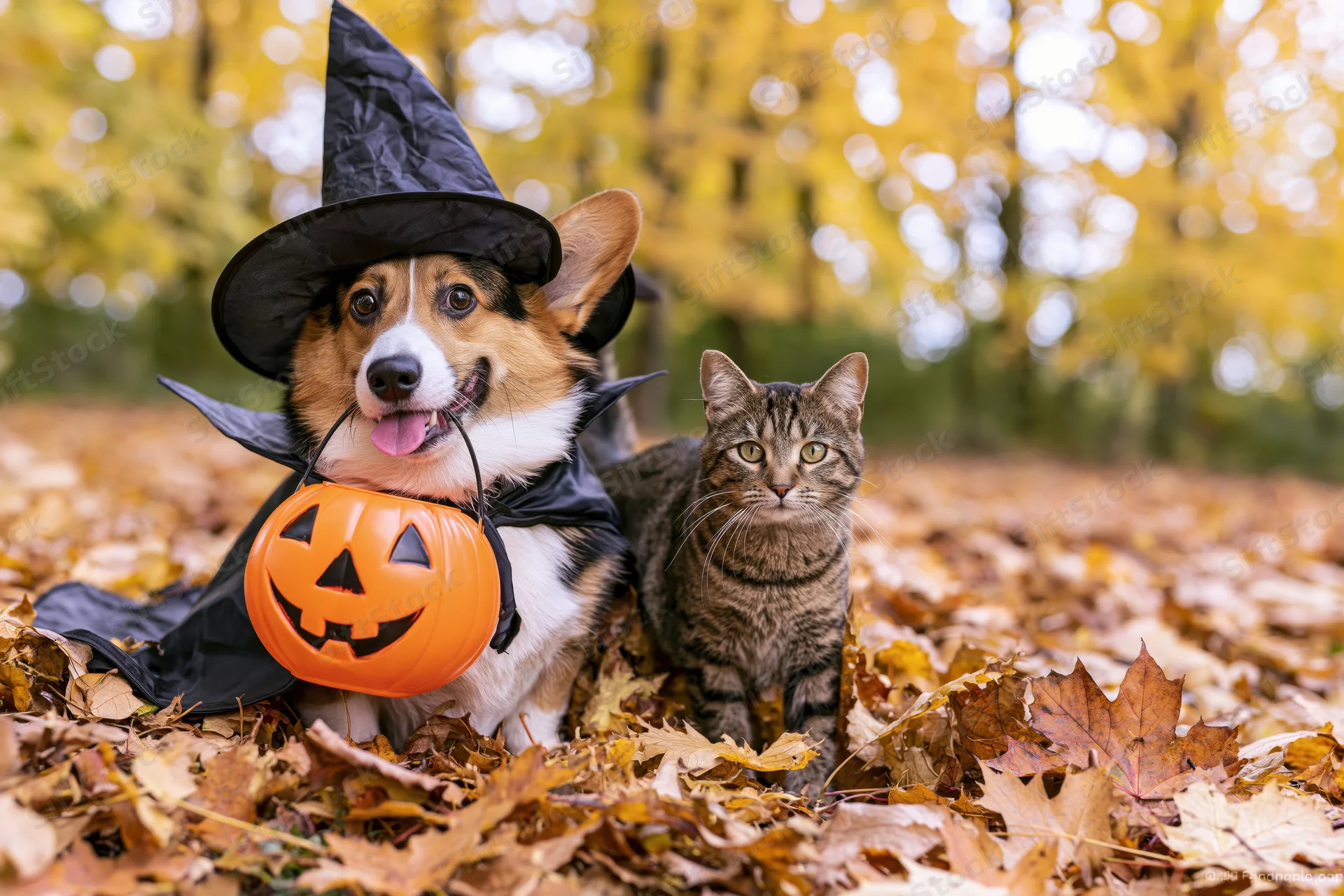 Corgi dog in witch costume with pumpkin bag beside tabby cat in autumn leaves