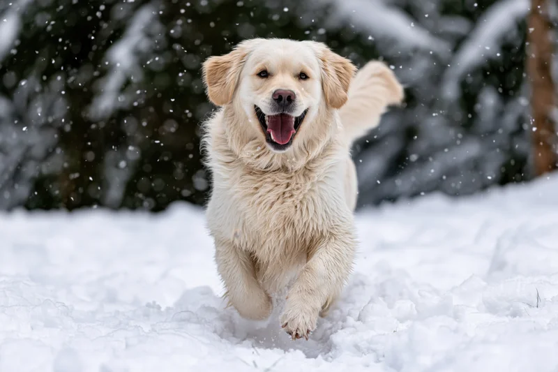Golden retriever running through deep snow toward camera in snowy forest