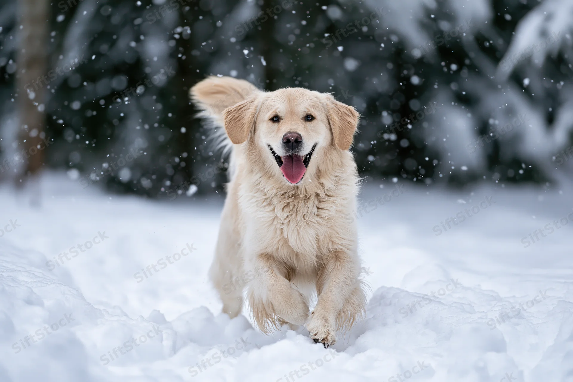 Golden retriever running through deep snow toward camera in snowy forest