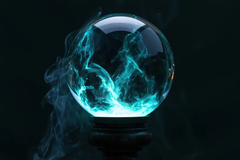 Glowing crystal ball with swirling blue smoke on dark wooden pedestal