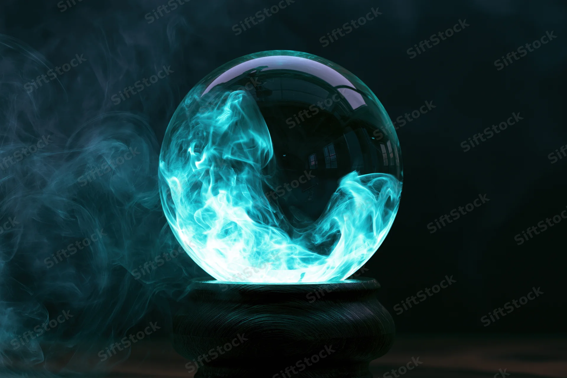 Glowing crystal ball with swirling blue light and smoke on dark wooden pedestal
