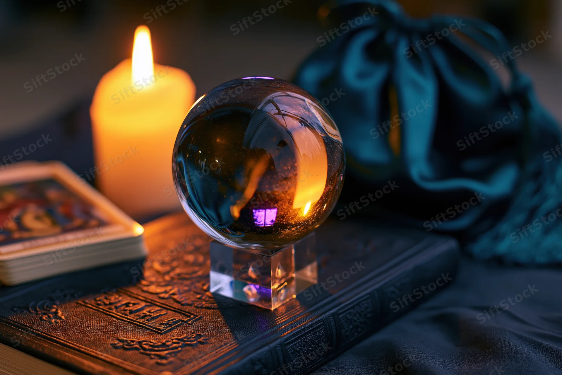 Crystal ball on acrylic stand resting on embossed leather book beside lit candle and tarot cards