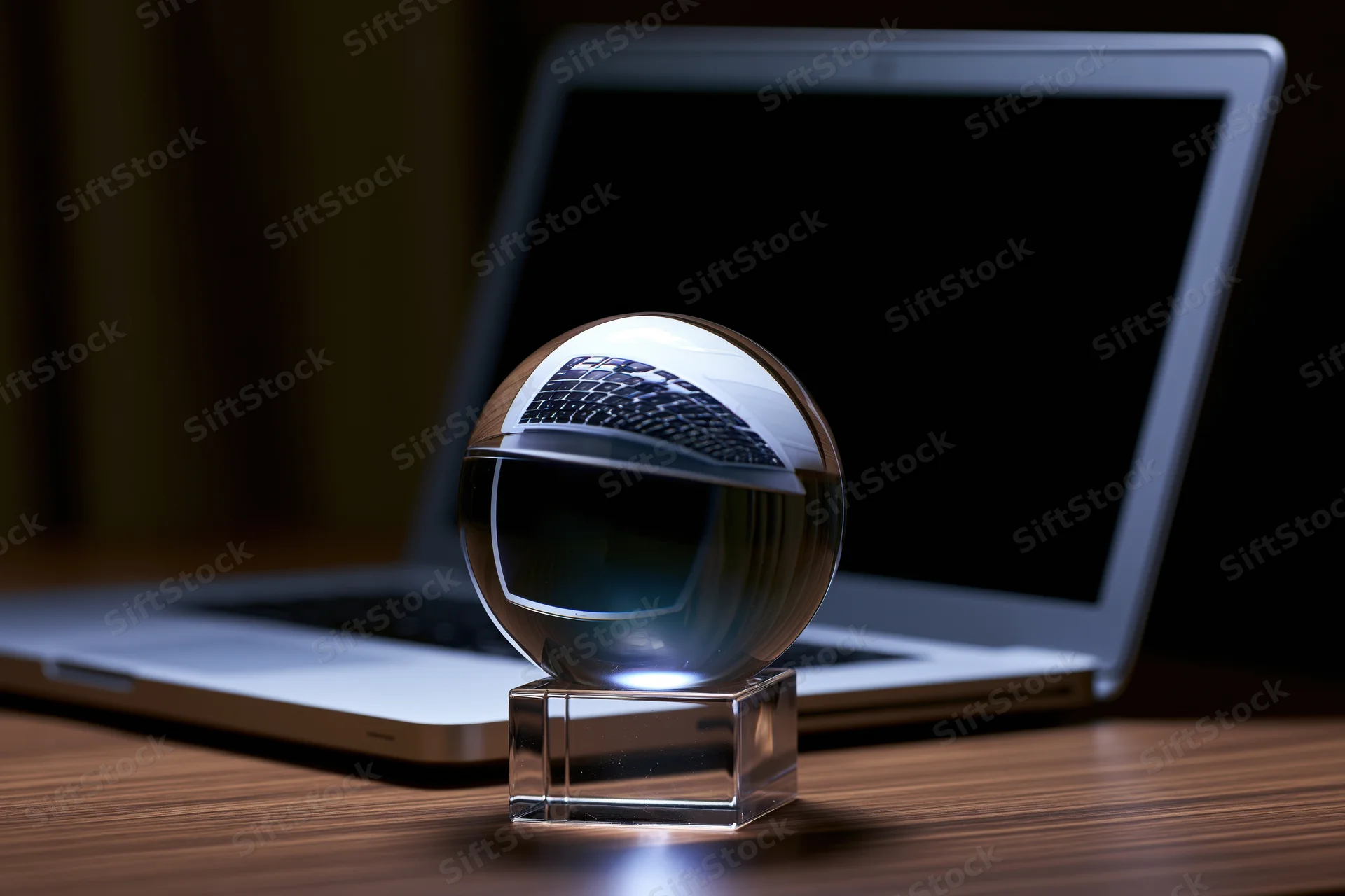 Crystal ball on glass stand reflecting laptop keyboard on wooden desk