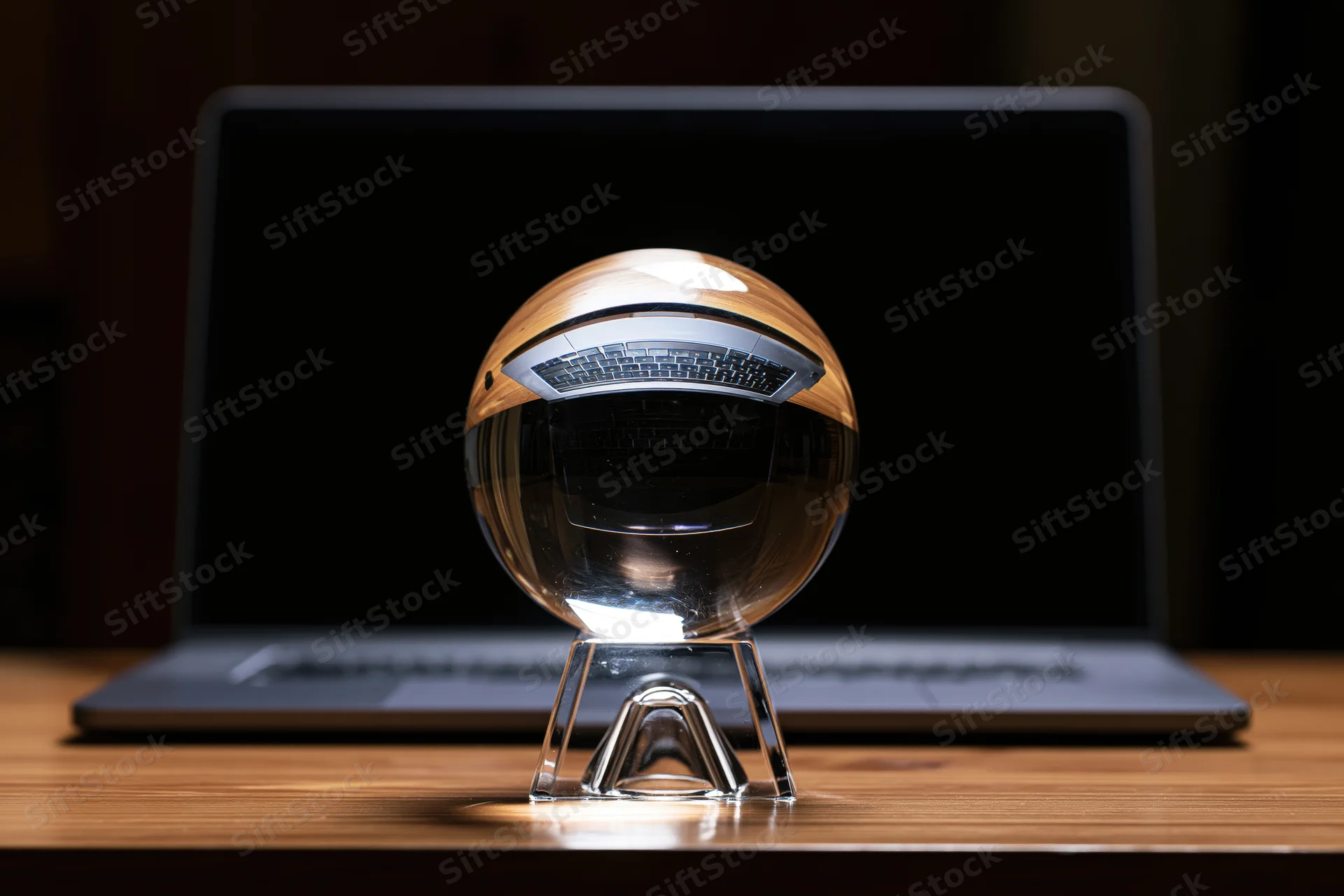 Crystal ball on a glass stand in front of a laptop on a wooden desk