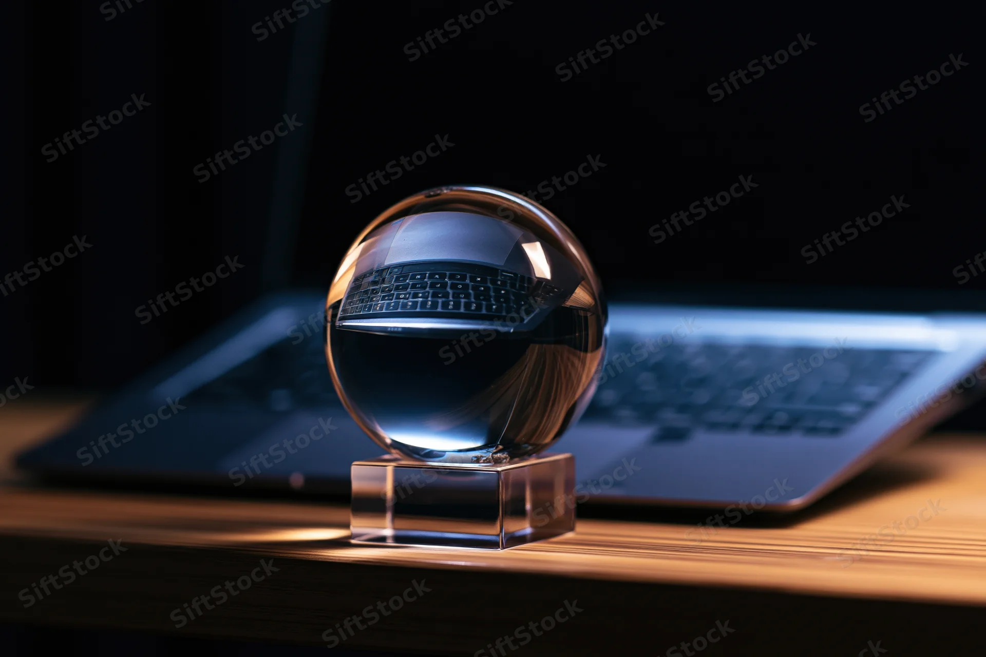 Crystal ball on glass stand reflecting laptop keyboard on wooden desk