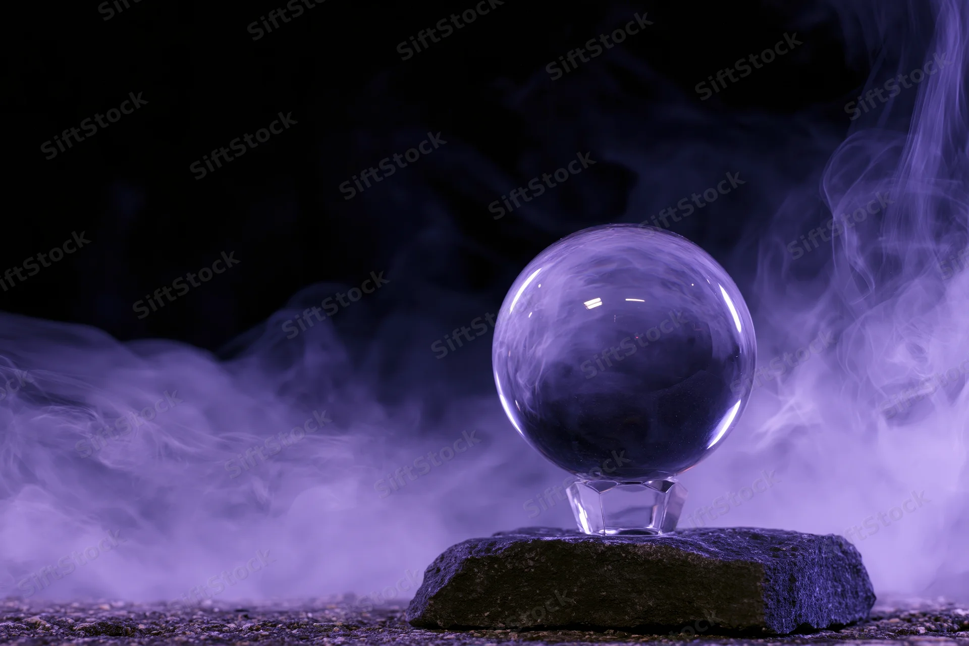 Crystal ball on a faceted glass base resting on a dark stone with purple smoke swirling around it