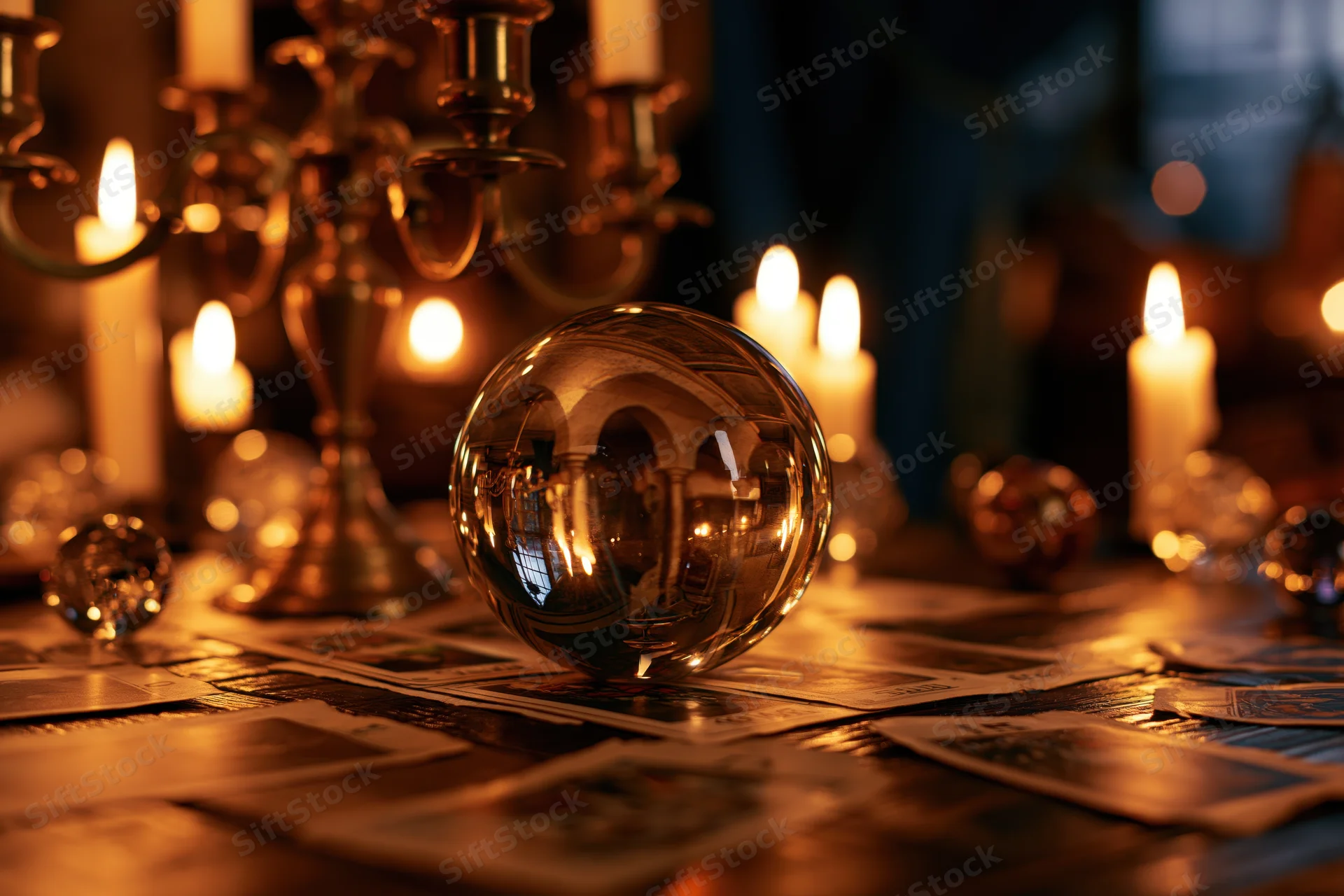 Crystal ball resting on tarot cards spread across wooden table with lit candles and candelabra in dim ambient light