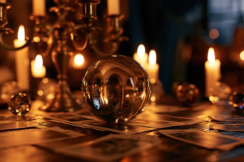 Crystal ball resting on tarot cards spread across wooden table with lit candles and candelabra in dim ambient light