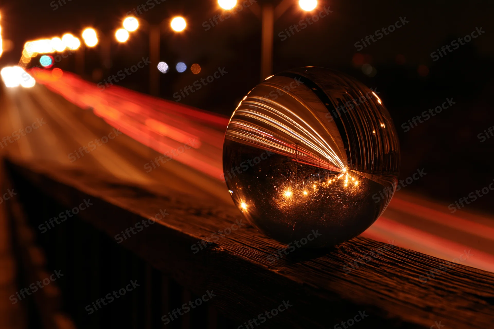 Crystal ball resting on wooden railing reflects city lights and moving traffic at night