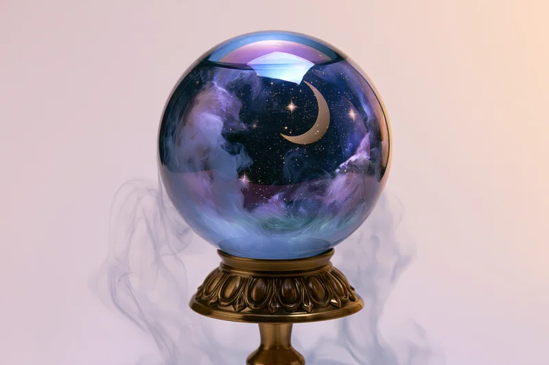 Crystal fortune-telling ball with celestial scene and smoke on ornate brass stand