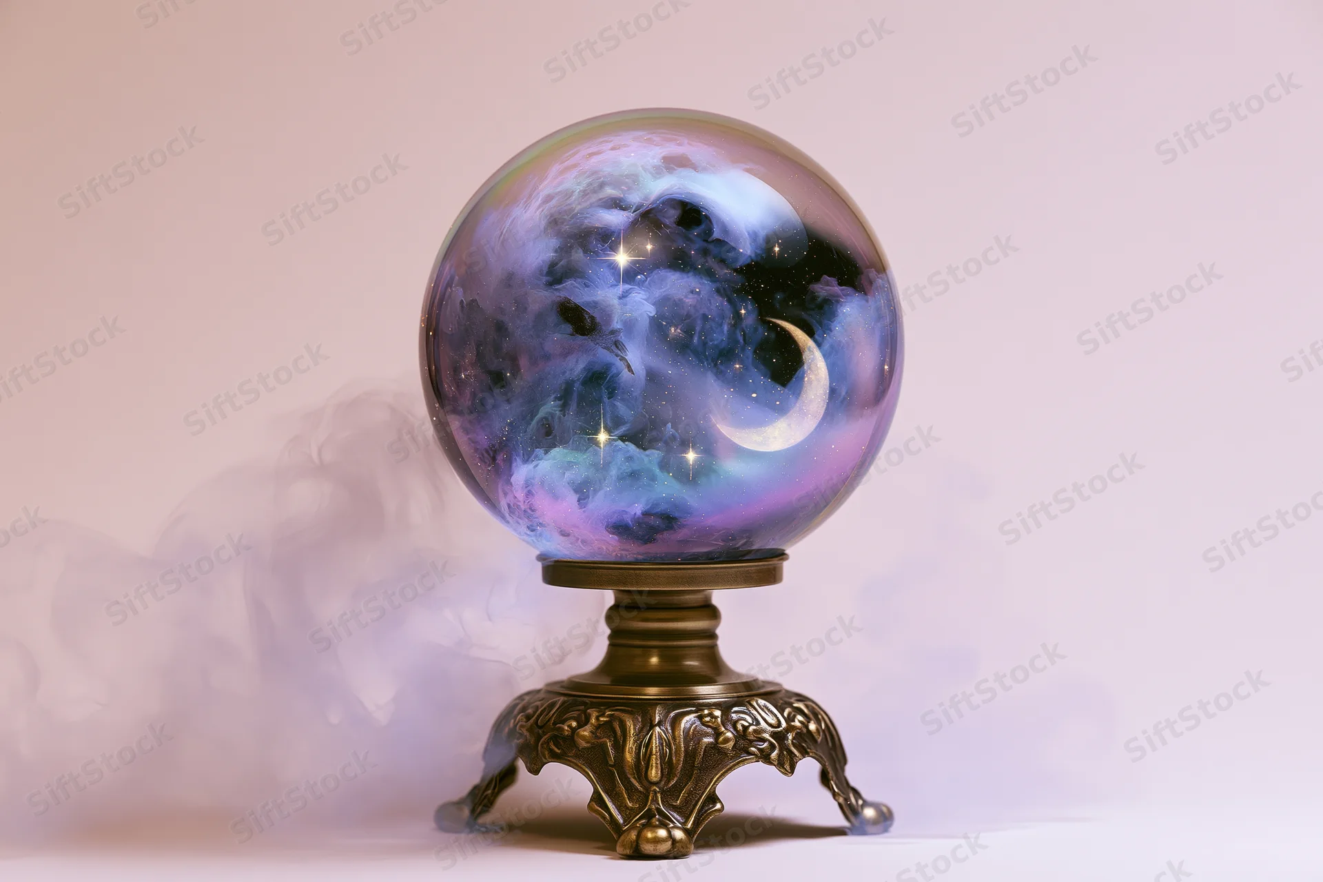 Crystal fortune-telling ball on ornate brass stand with swirling smoke and cosmic imagery inside