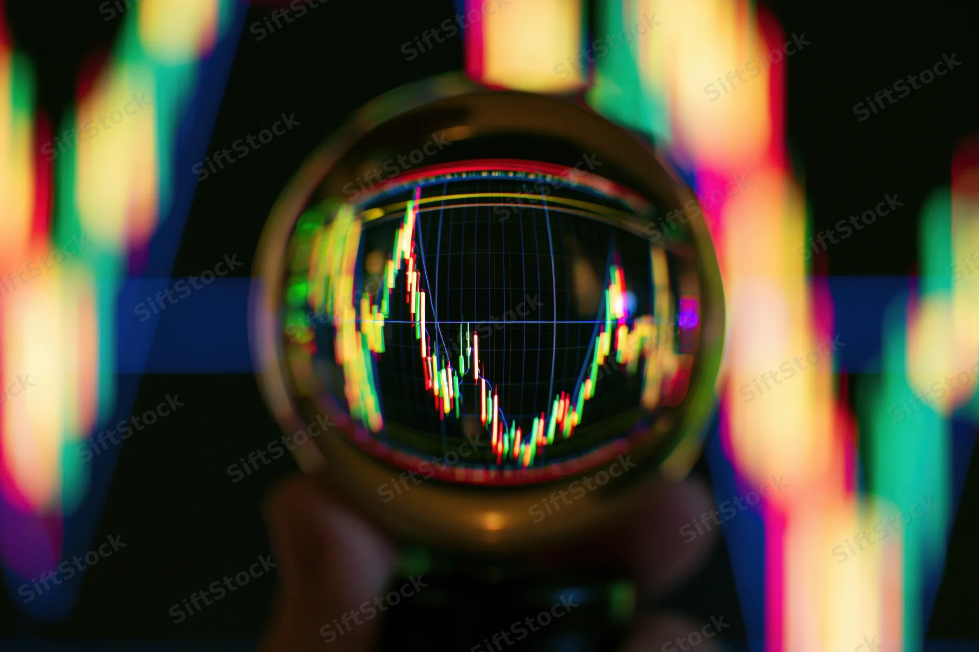 Hand holding a crystal ball reflecting a stock market candlestick chart with colorful light flares around it