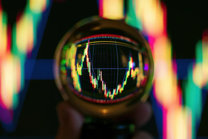 Hand holding a crystal ball reflecting a stock market candlestick chart with colorful light flares around it