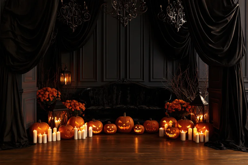 Carved pumpkins and candles arranged on a wooden floor in a dark victorian room with black velvet curtains and chandeliers