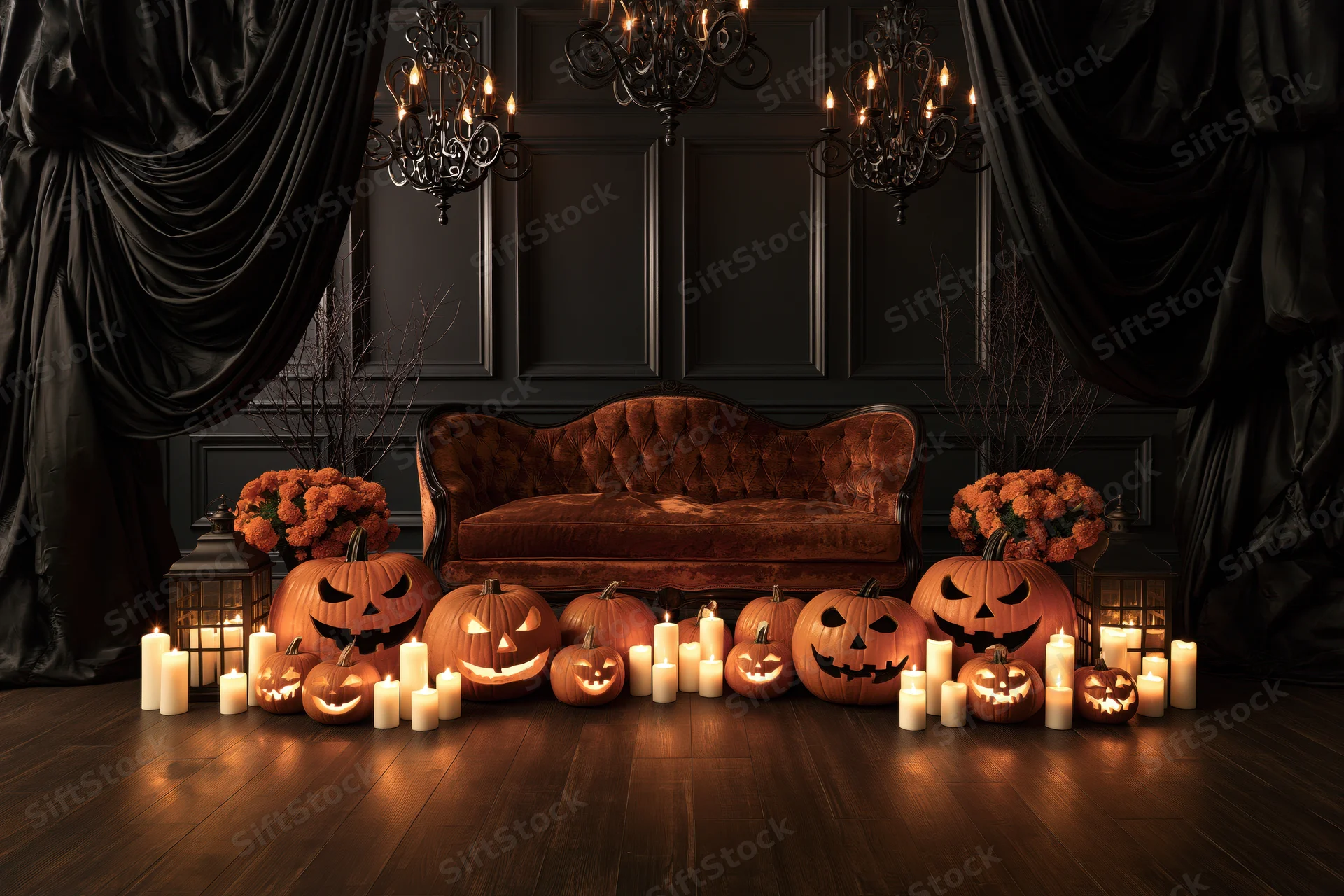 Carved pumpkins and candles arranged in front of a tufted velvet sofa in a dark victorian room with black curtains and chandeliers