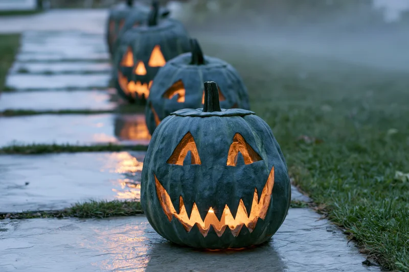 Carved jack-o-lanterns glowing on a wet stone pathway at dusk