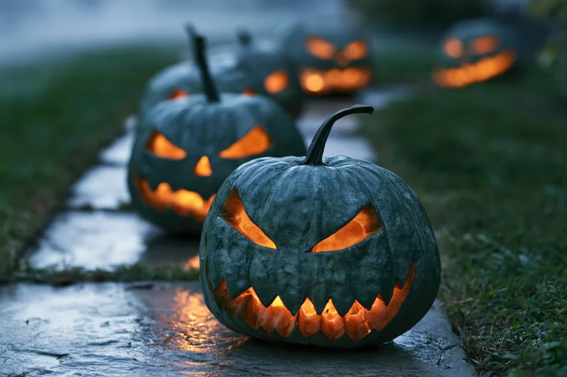 Carved jack-o-lanterns glowing amber on a wet stone pathway at dusk