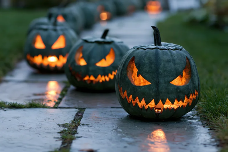 Carved jack-o-lanterns glowing with amber light along a wet stone pathway at night