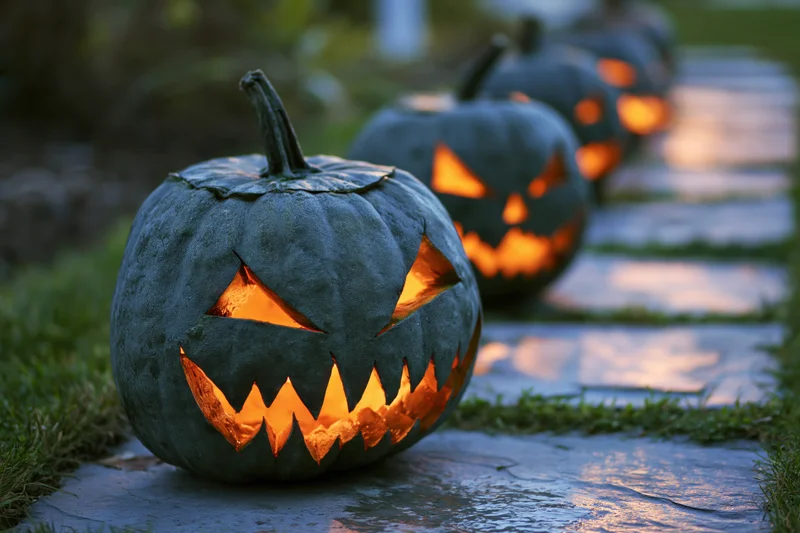 Carved jack-o-lanterns glowing with amber light along a stone pathway in a garden at evening