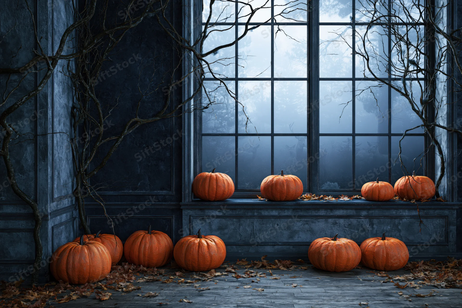 Orange pumpkins arranged on a windowsill and floor in a dark room with bare branches and foggy forest view
