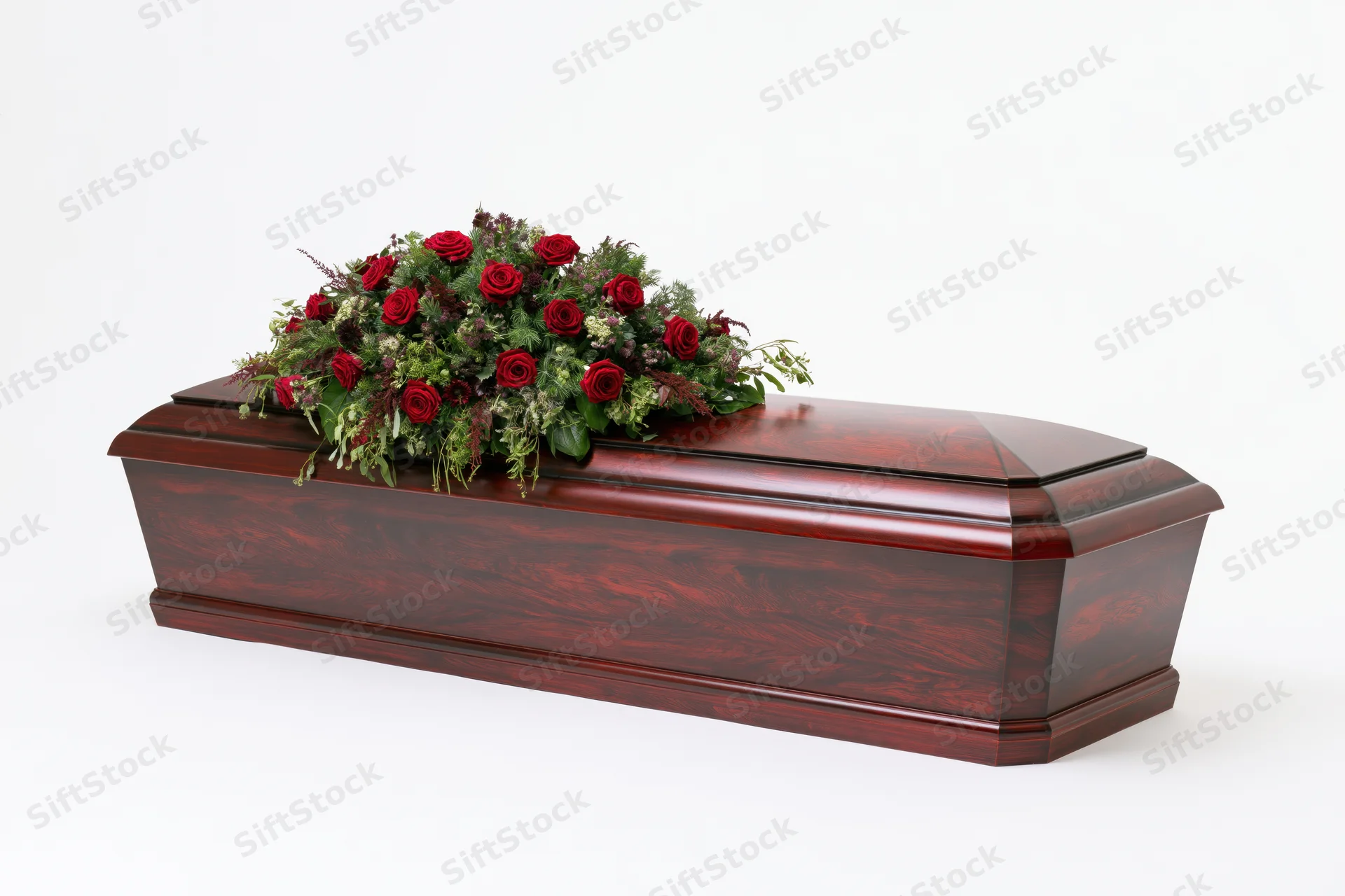 Dark mahogany wooden coffin with red rose floral arrangement on white background
