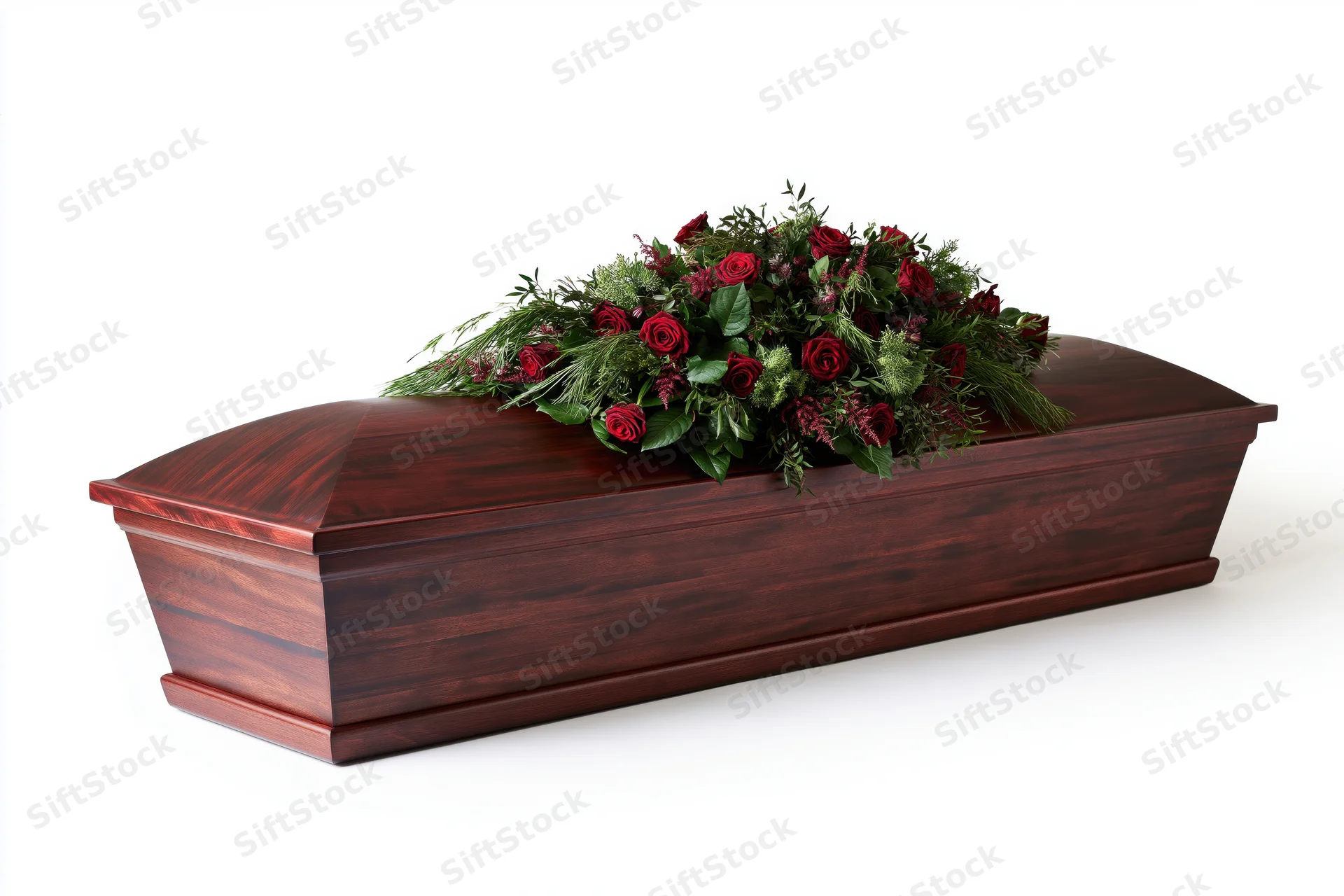 Dark mahogany wooden coffin with red rose floral arrangement on white background