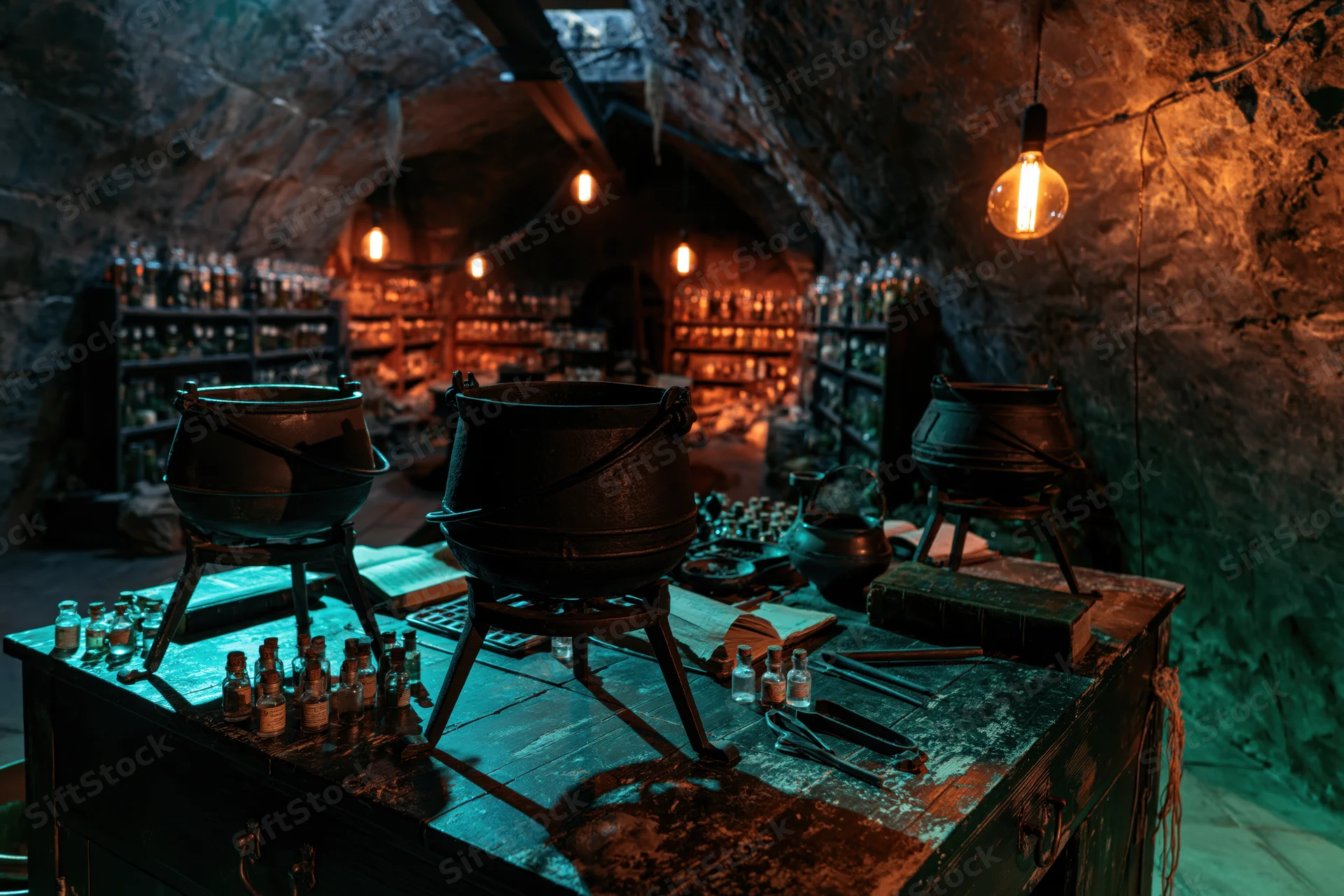 Iron cauldrons on a wooden table in a dim stone dungeon laboratory with shelves of bottles and hanging lamps