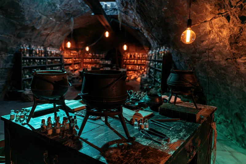 Iron cauldrons on a wooden table in a dim stone dungeon laboratory with shelves of bottles and hanging lamps